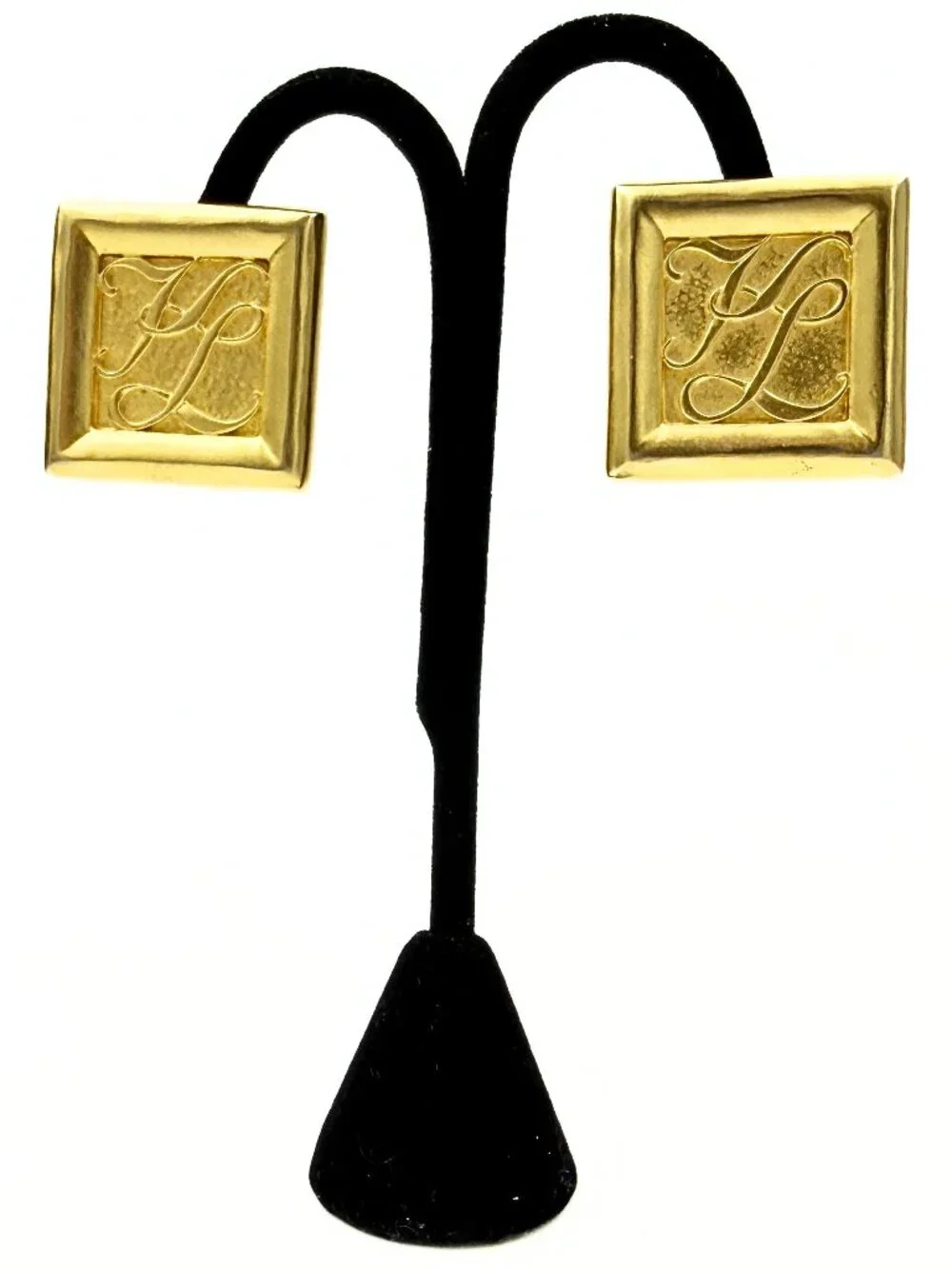 Karl Lagerfeld Runway Couture Textured Square Gold Plated Monogram Clip Earrings